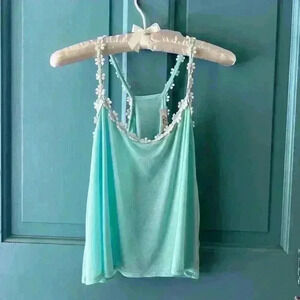 Elodie- Crop Top- Teal with White Flower Trim- Large